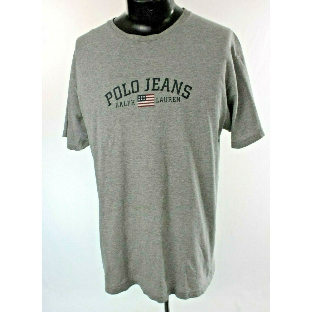 Ralph Lauren Shirt Men's Small Gray Polo Jeans Spell Out Vintage Flag USA